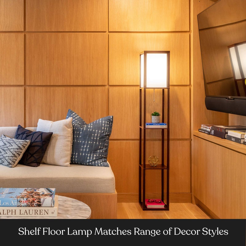 Brightech Maxwell - Modern Shelf Floor Lamp with Lamp Shade and LED Bulb - Corner Display Floor Lamps with Shelves for Living Room, Bedroom and Office - Walnut Brown - Image 2